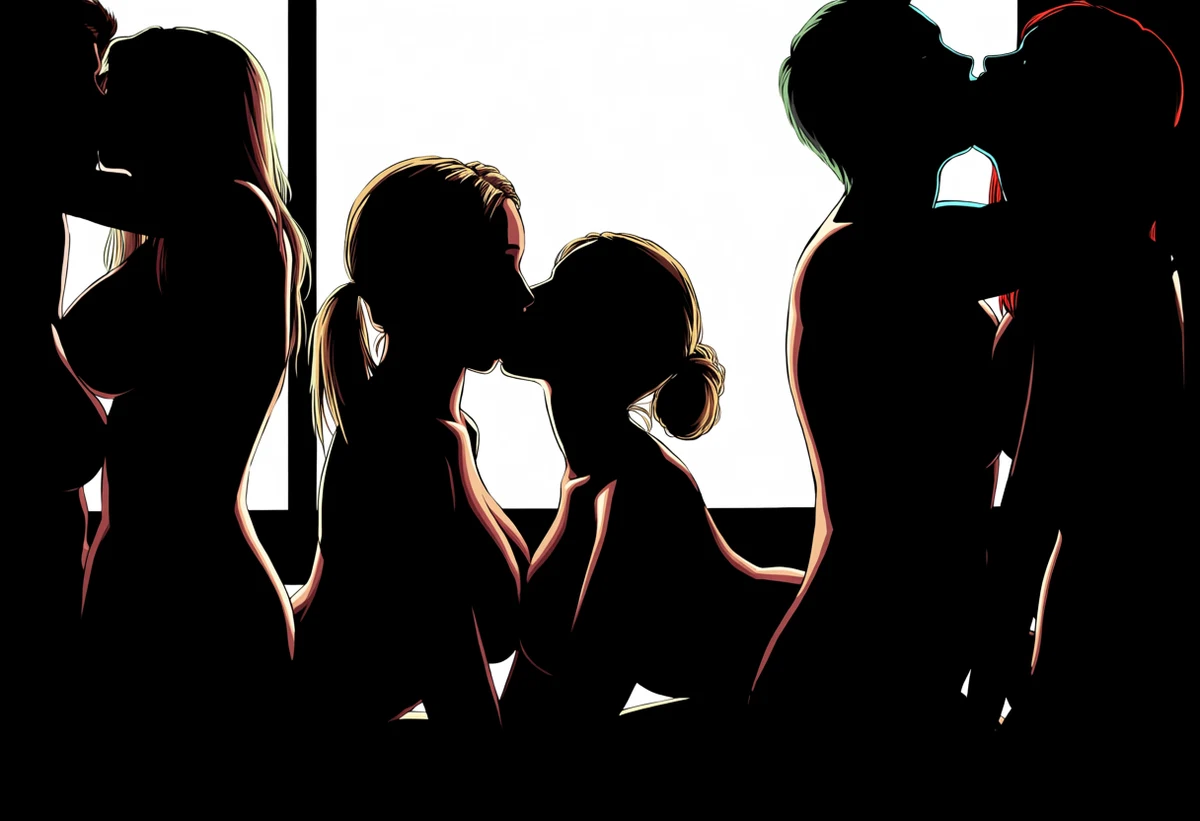 an adult couple age 37 and 33 in explicit intimacy silhouetted against a bright window, rim-lit edges, high contrast, explicit adult manhwa art style