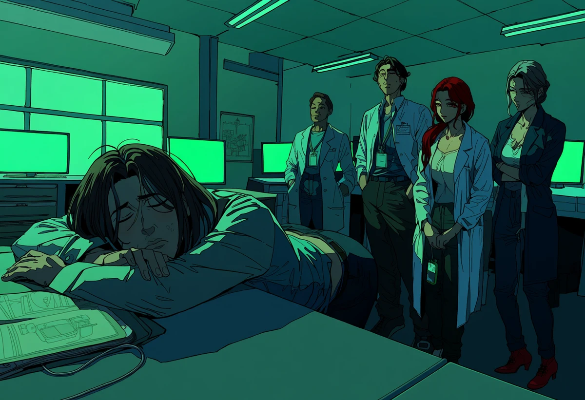 two adult researchers age 31 and 35 alone in a university lab at four in the morning, one asleep on folded arms while the other watches, green monitor light, korean manhwa art style