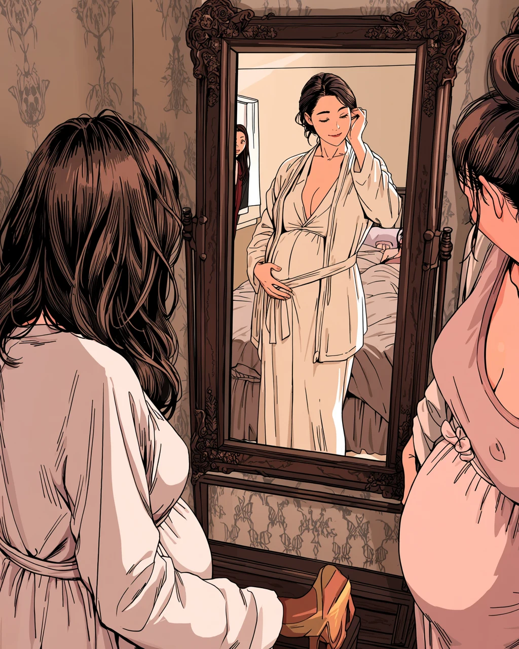 a visibly pregnant adult woman age 36 studying herself in a full-length mirror in an open robe while her adult partner watches from the bed, adult manhwa art style