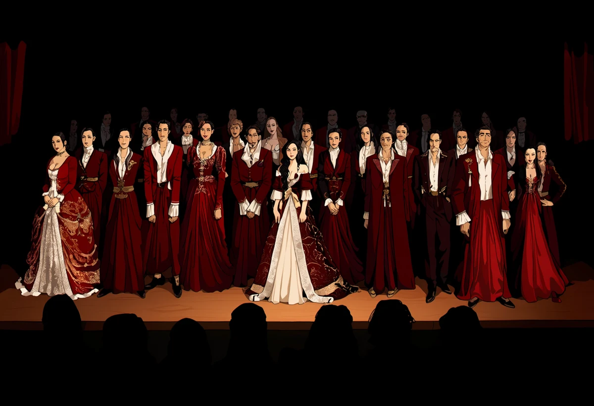 an Italian adult couple age 36 and 33 alone in a dark opera box after the audience has gone, her gown unlaced, gilt and red velvet, explicit adult illustration