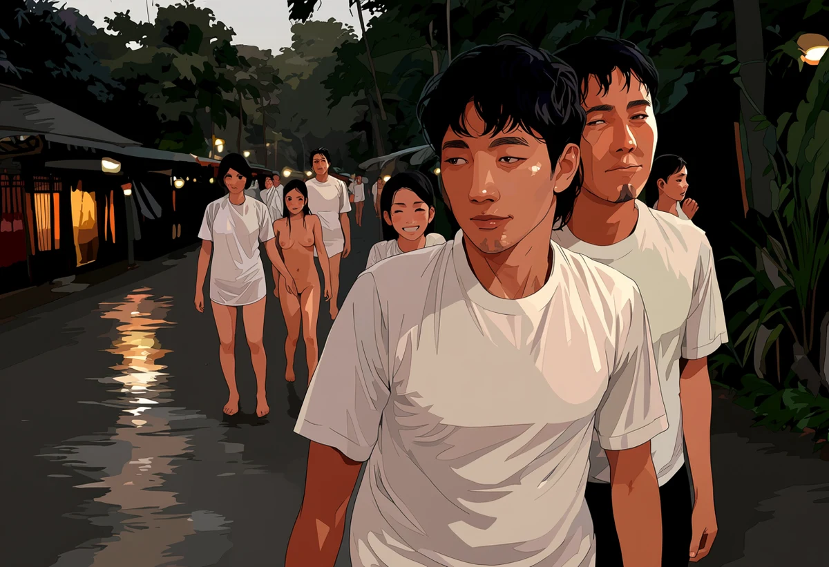 a Thai adult couple age 31 and 34 drenched in a quiet Songkran side street at dusk, white shirts clinging, water light, explicit adult illustration