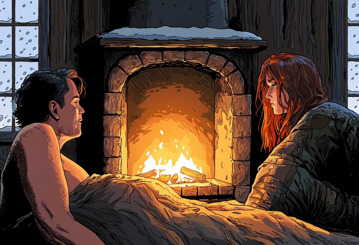 an adult couple age 36 and 34 nude under a heavy blanket before a wood stove, firelight flickering across skin, snow visible through the window, explicit adult manhwa art style